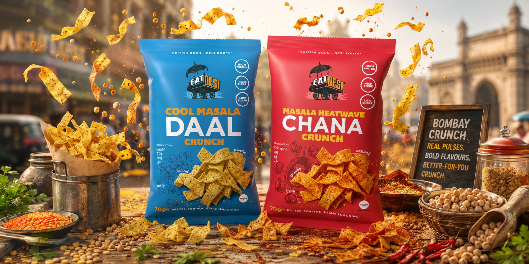 EatDesi Cool Masala Daal Crunch and Masala Heatwave Chana Crunch packs