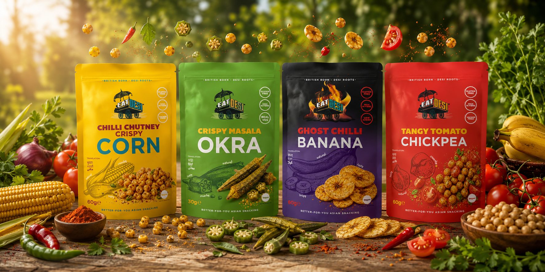 The EatDesi Garden Harvest range surrounded by fresh vegetables