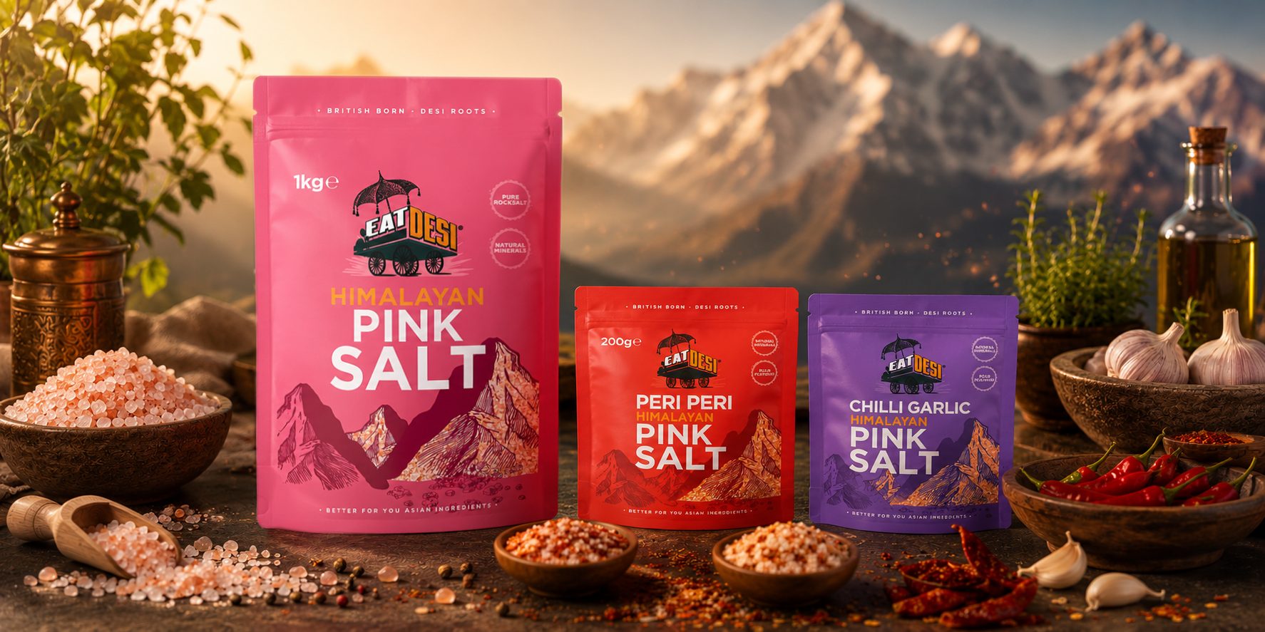 EatDesi Himalayan Pink Salt pouches against a mountain backdrop