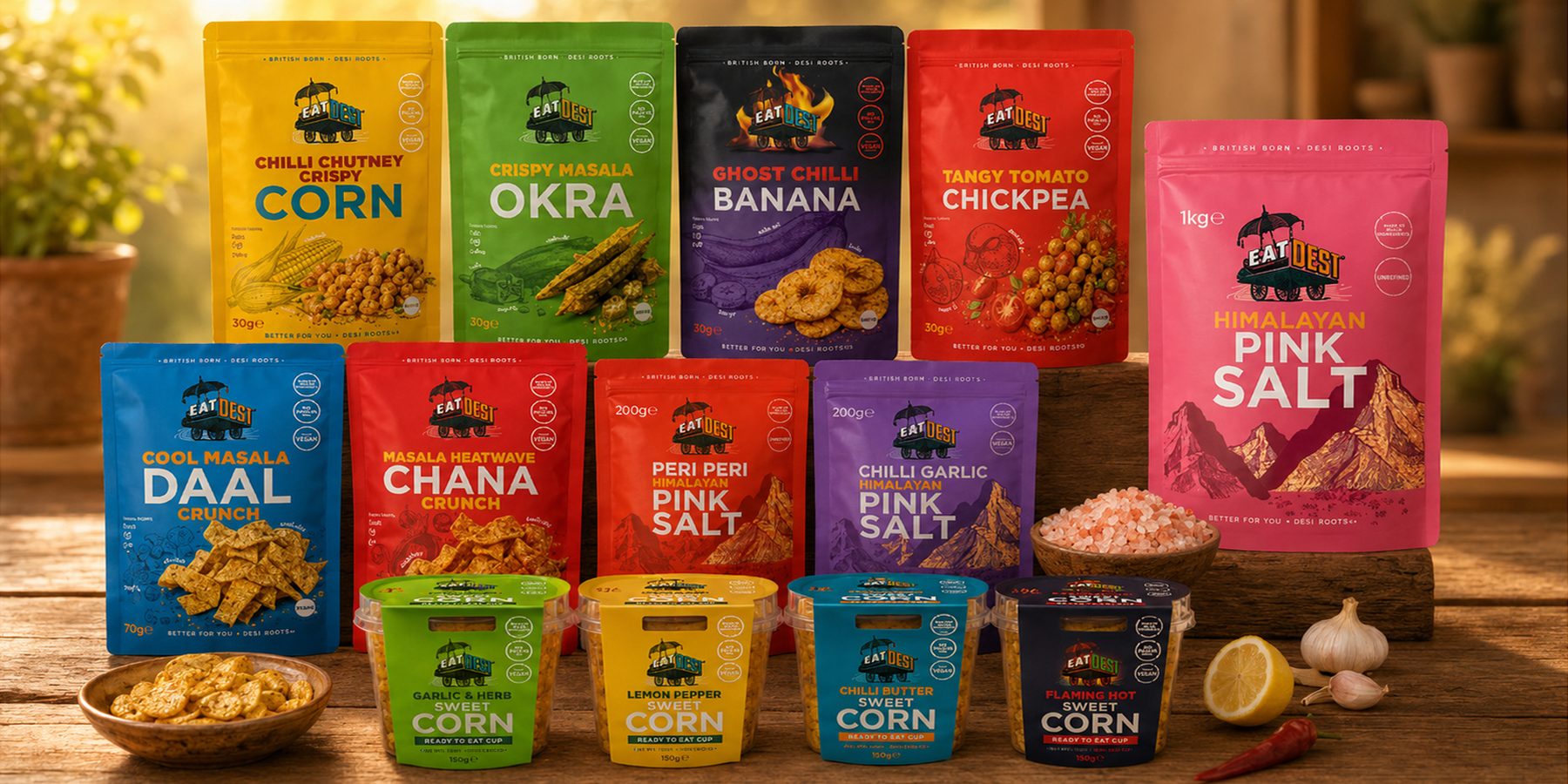 The full EatDesi range of snack packs, sweetcorn cups and Himalayan pink salt pouches on a wooden table
