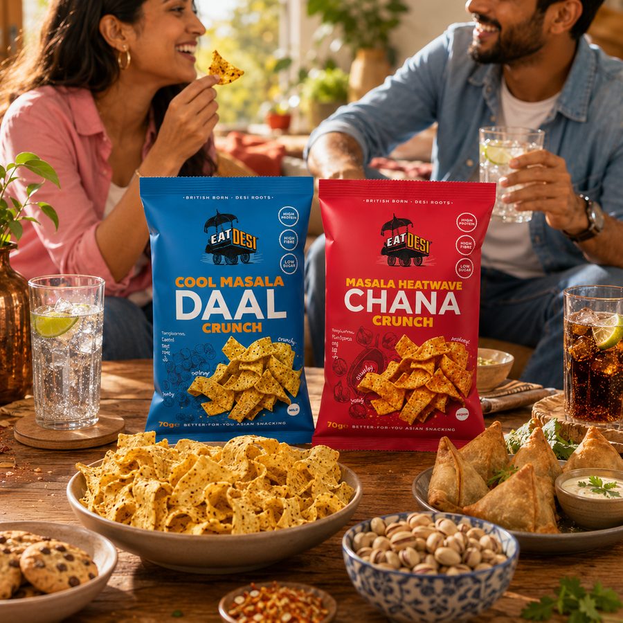 EatDesi Cool Masala Daal Crunch and Masala Heatwave Chana Crunch packs on a table