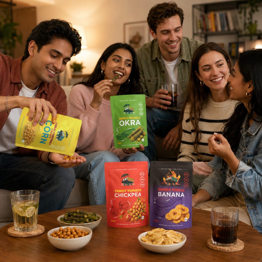 Friends sharing EatDesi Garden Harvest snack packs