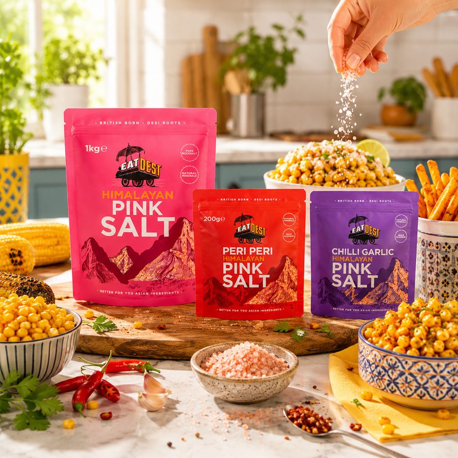 EatDesi Himalayan Pink Salt seasoning pouches being used in a kitchen