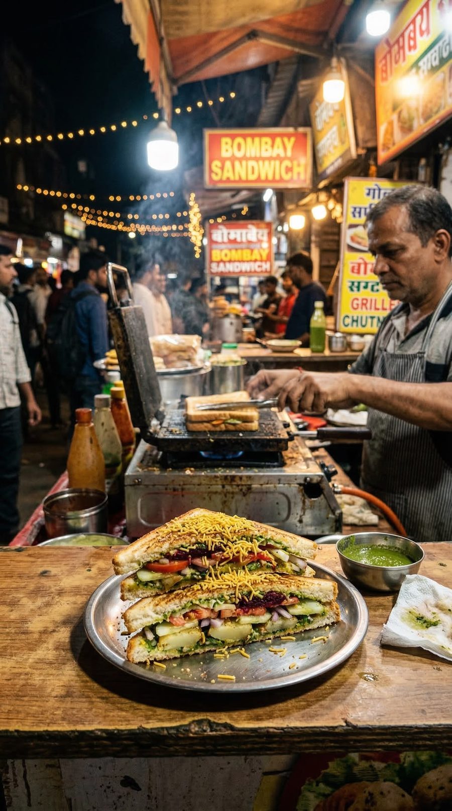 A busy street food market at night, lit up around a Bombay Sandwich stall