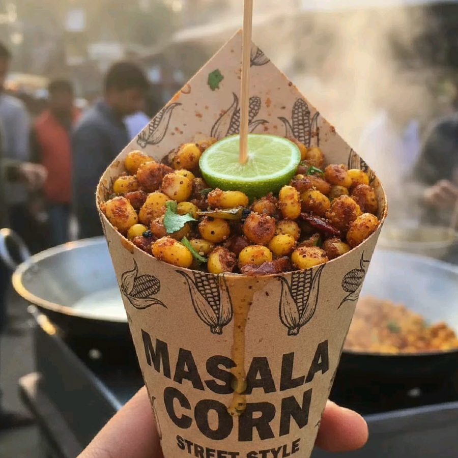 A cup of masala corn served street style with a wedge of lime