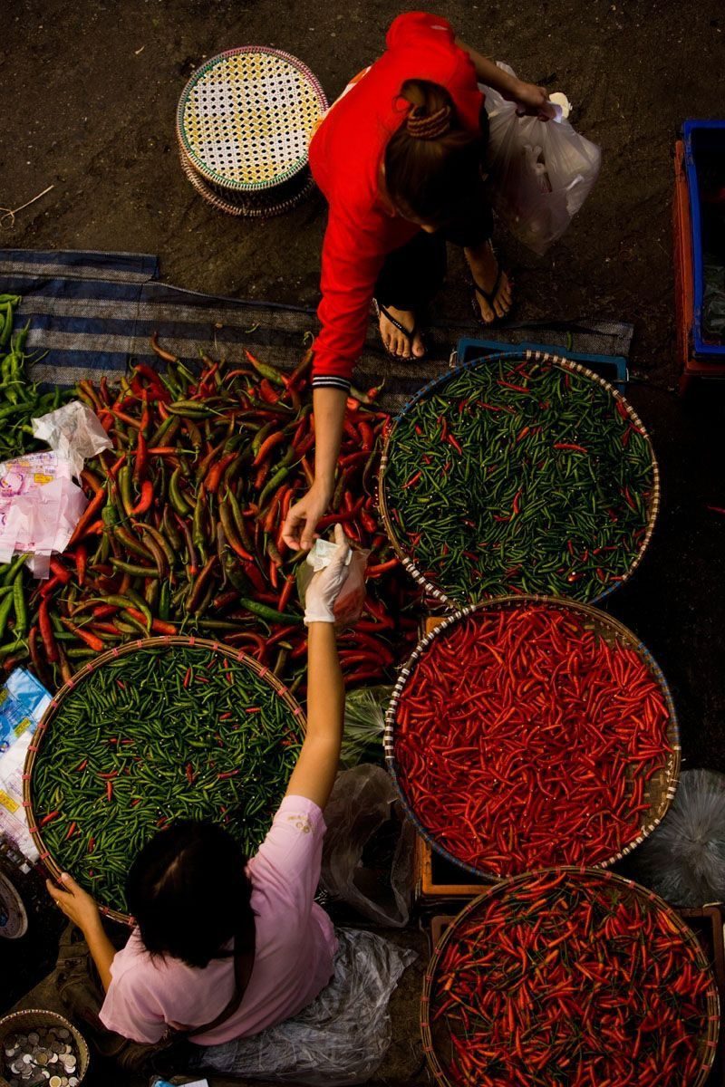 Traders sorting baskets of fresh green and red chillies