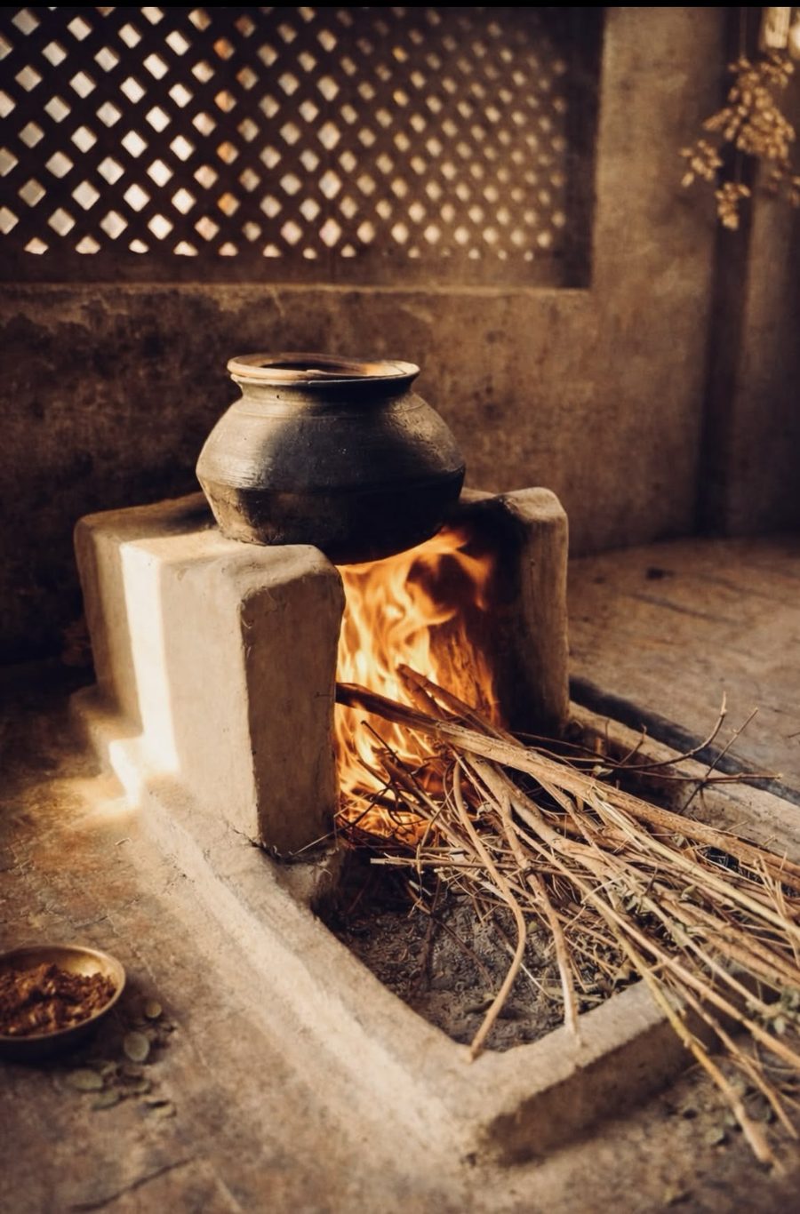 A clay pot resting above a traditional wood-fired stove
